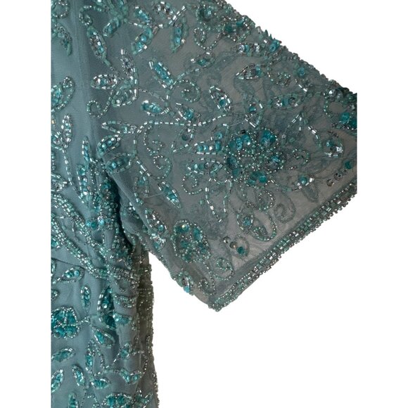 Pisarro Nights Size 10 Aqua Green Beaded Short Sleeve Evening Dress - Picture 12 of 16
